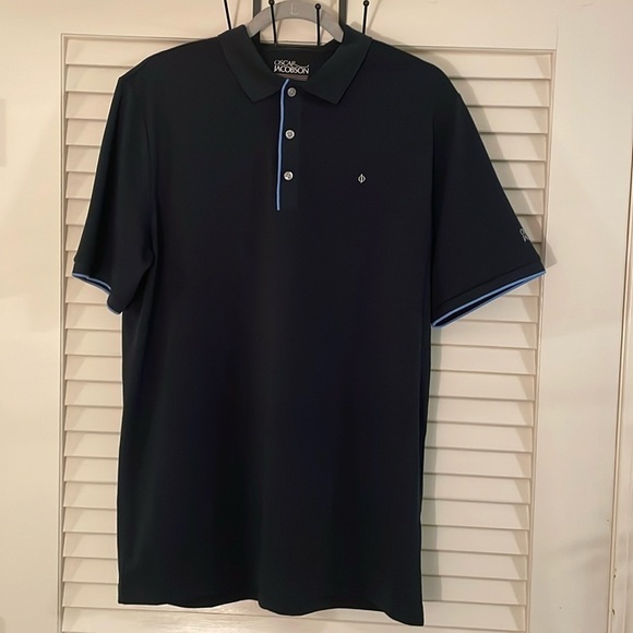 Oscar Jacobson WPS Golf Polo Navy With Light Blue Trim Sharp Tech Performance - Picture 1 of 8